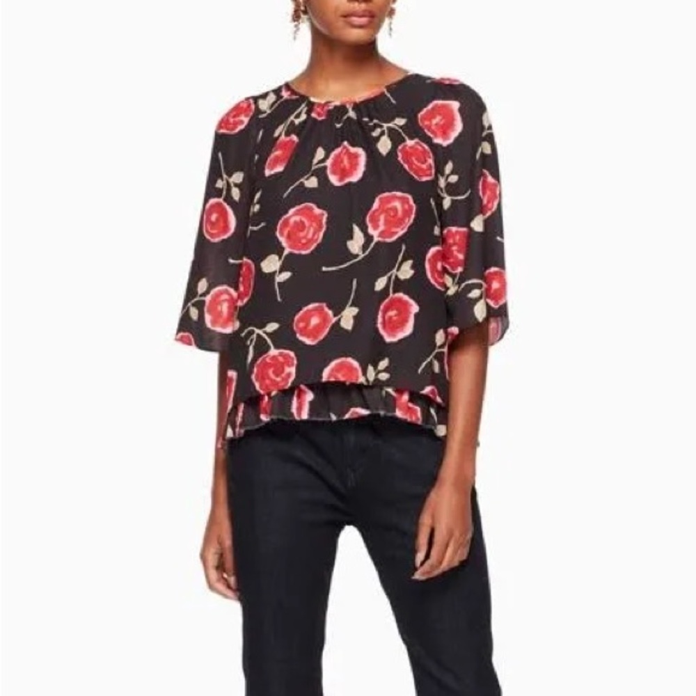 Kate Spade Black Blouse with Red Floral Hazy Rose Double Layer  NWOT